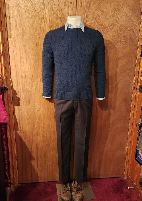 Normans Dark Blue Cable Knit Sweater Outfit